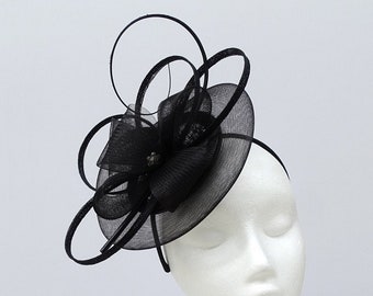 Black Special Occasion Disc Fascinator Hatinator with Loops & Curled Quill for Race Day, Wedding, Formal Event.