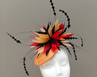Emerald Green Red & Orange Statement Feather Fascinator Disc  display picture 2