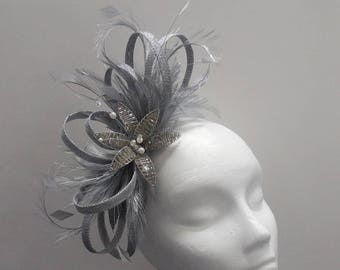 Floral headpiece, large silver sinamay loop fascinator, wedding fascinator, ostrich quill, diamanté and pearl flower, side headpiece