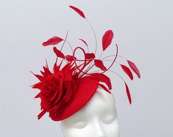 Bright Red Rose Mini Disc Feather Fascinator Hatinator for Formal Event, Ladies Day, Wedding.