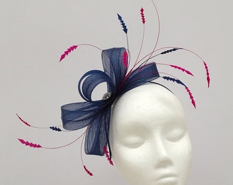 Navy Blue & Fuchsia Pink Looped Special Occasion Fascinator for Wedding Guest, Race Day, Ladies Day.