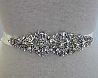 Vintage style crystal bridal wedding belt / sash on ivory ribbon.