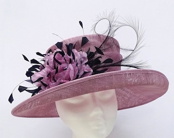 Floral Heather Pink Ladies Feather Hat for Mother of the Bride Wedding Kentucky Derby Day Royal Ascot