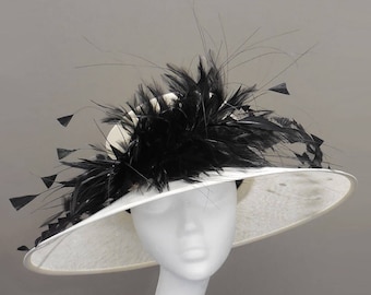 Wedding hat, medium size ivory sinamay hat, mother of the bride, black full feather mount, made to order, feather hat, formal event