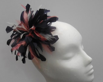 Dark navy, coral and white fascinator comb with a feather flower effect for weddings, formal events, race day.