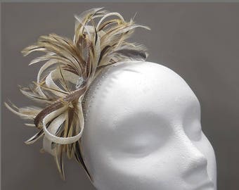 Sinamay fascinator, beige fascinator, natural feather diamanté fascinator, wedding hair comb, brown headpiece, hair slide, race day, slide