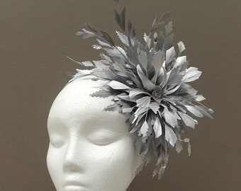 Special Occasion Feather Fascinator in Metallic Silver on Headband for Wedding, Race Day, Formal Event
