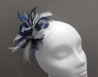 Wedding hair clip, small blue and white fascinator with sinamay loops, feather fascinator, headband, wedding guest, bridesmaid, occasion