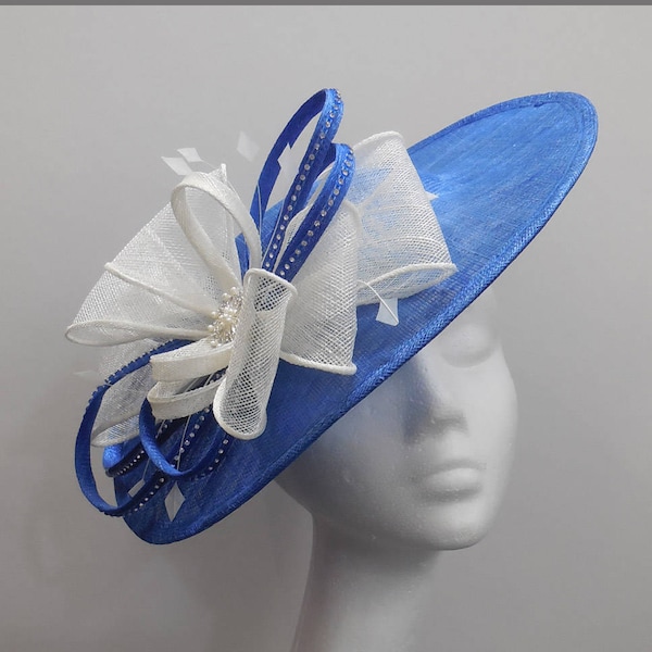 Blue hatinator, medium size disc in cobalt blue with large white bow, wedding hat, saucer hat, headband fascinator, feathers, race day