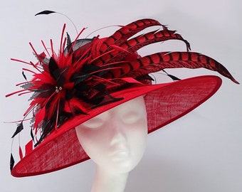 Red and black ladies feather hat for Derby Day, Royal Ascot, weddings or formal event.