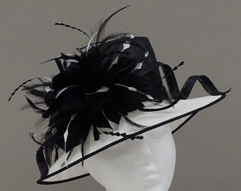 Small brim classic black and white hat for formal event, wedding, races, ladies day.