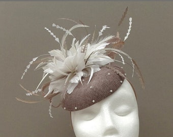 Elegant Latte & White Mini Disc Fascinator/Cocktail Party Hat with Feathers and Pearls for Formal Event, Wedding, Ladies Day, Derby Day.