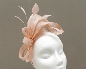 Elegant Blush Pink Special Occasion Feather Fascinator on Headband for Weddings, Race Days, Formal Events.