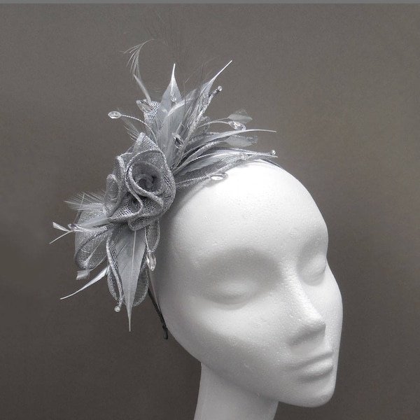 Wedding headpiece, metallic silver floral fascinator, made to order, christening, diamanté, formal event, garden party, headband, aliceband