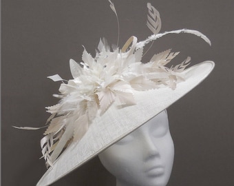 Race day, wedding hat, white hatinator, ladies day, white and oyster disc fascinator, feather fascinator, formal function, saucer headpiece