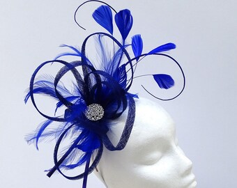Large Lightweight Feather Fascinator Headpiece in Cobalt Blue for Formal Events, Weddings, Race Day