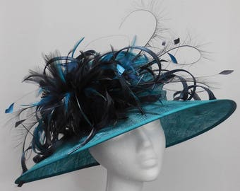 Garden party, navy and teal medium sized ladies hat, wide brim, Royal Ascot, race day, Derby, British Hat, feather, Jacqui Vale, wedding