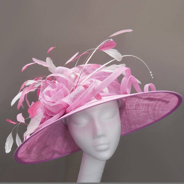 Royal Ascot, candy pink and white medium brim ladies hat, hat for wedding, garden party, feather, race day, Cheltenham, mother of the bride