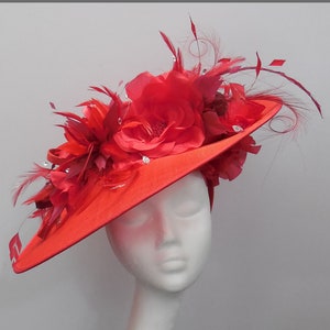 Red floral disc fascinator, derby day hat, ladies headdress, race day, wedding hatinator, ladies day, Royal Ascot, special occasion image 1