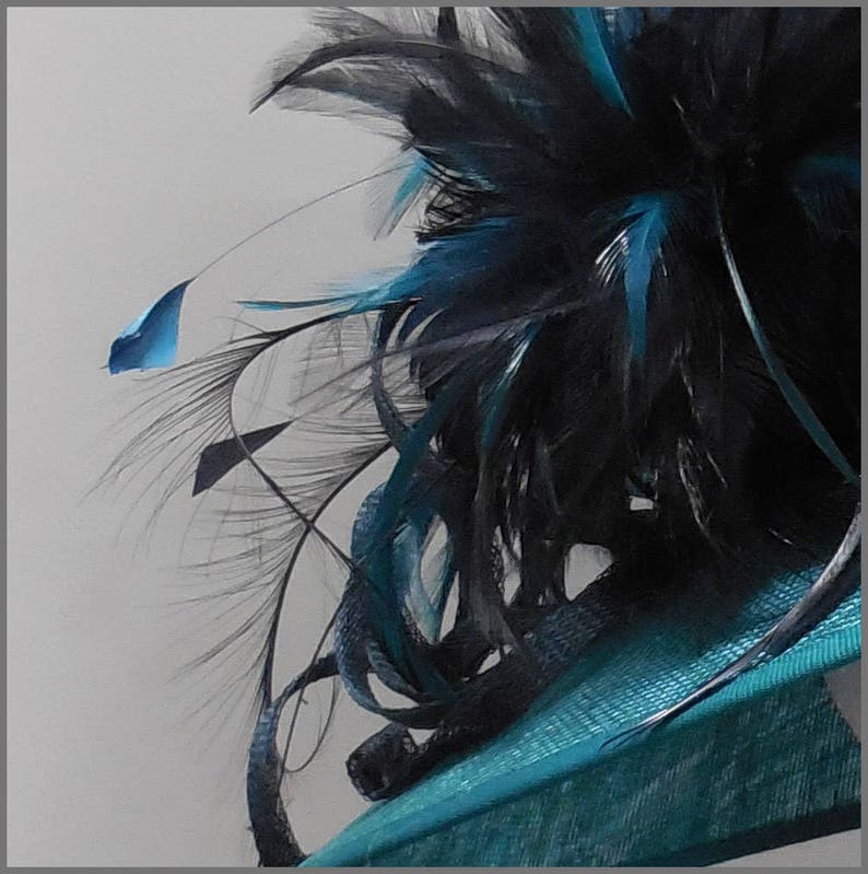 May include: A teal blue hat with a black and teal feather embellishment.