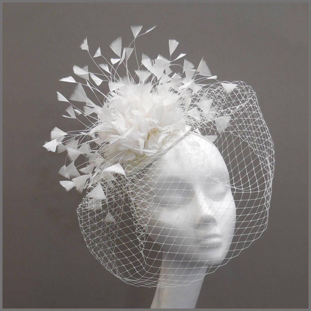 Birdcage Veil Wedding Headpiece White Feather Fascinator | Etsy