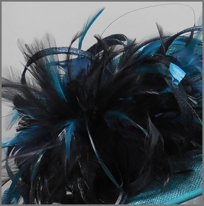 May include: A teal blue hat with a black and teal feather trim.