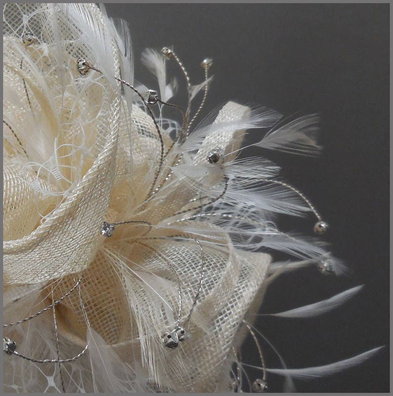 Ladies Day, peach sinamay free form disc fascinator, race day, white netting, feather fascinator, weddings, special occasion, diamanté image 2