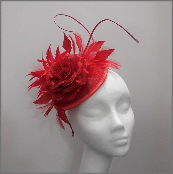 Ladies Day, Stunning Red Sinamay and Feather Disc Fascinator  display picture 3