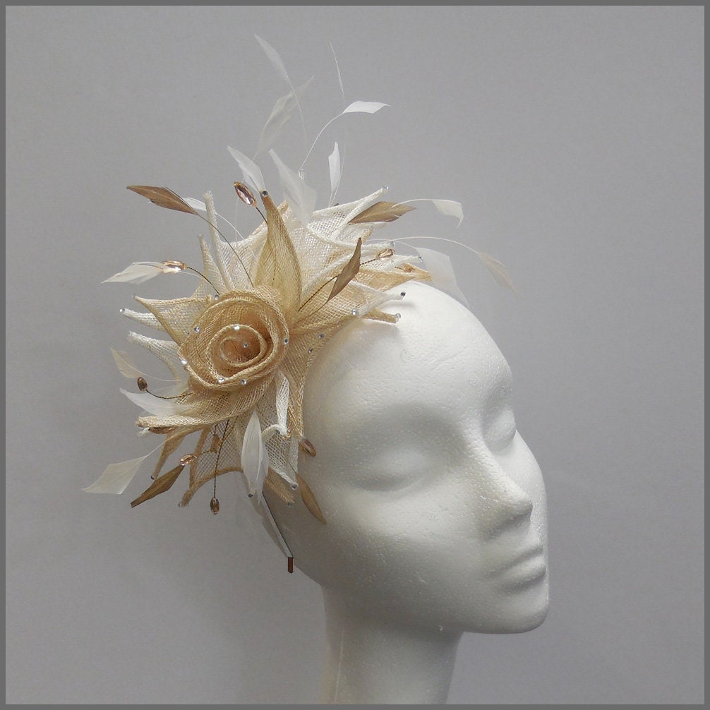 Champagne & White Sinamay Feather Fascinator Headband for | Etsy