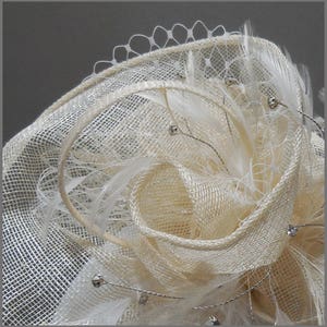 Ladies Day, peach sinamay free form disc fascinator, race day, white netting, feather fascinator, weddings, special occasion, diamanté image 3