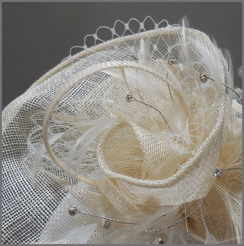 Ladies Day, peach sinamay free form disc fascinator, race day, white netting, feather fascinator, weddings, special occasion, diamanté image 3