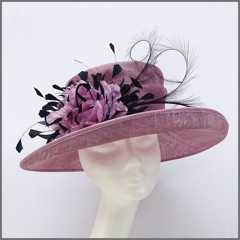 race day Derby Ascot or formal event. Floral heather pink ladies hat for wedding