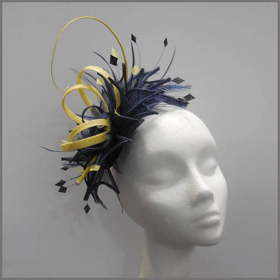 Navy and Yellow Feather Fascinator Headband Navy Blue & Yellow Flower Velvet Padded Headband Fascinator  main image 3