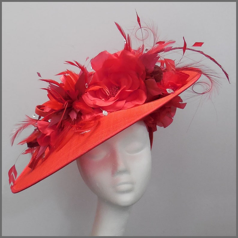 Red floral disc fascinator, derby day hat, ladies headdress, race day, wedding hatinator, ladies day, Royal Ascot, special occasion image 1