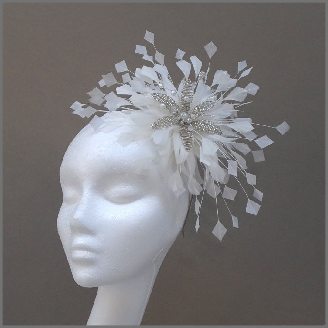 Floral Fascinator With Large Spray of White Feathers Perfect - Etsy