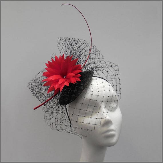 Birdcage Veil Fascinator Red and Black 