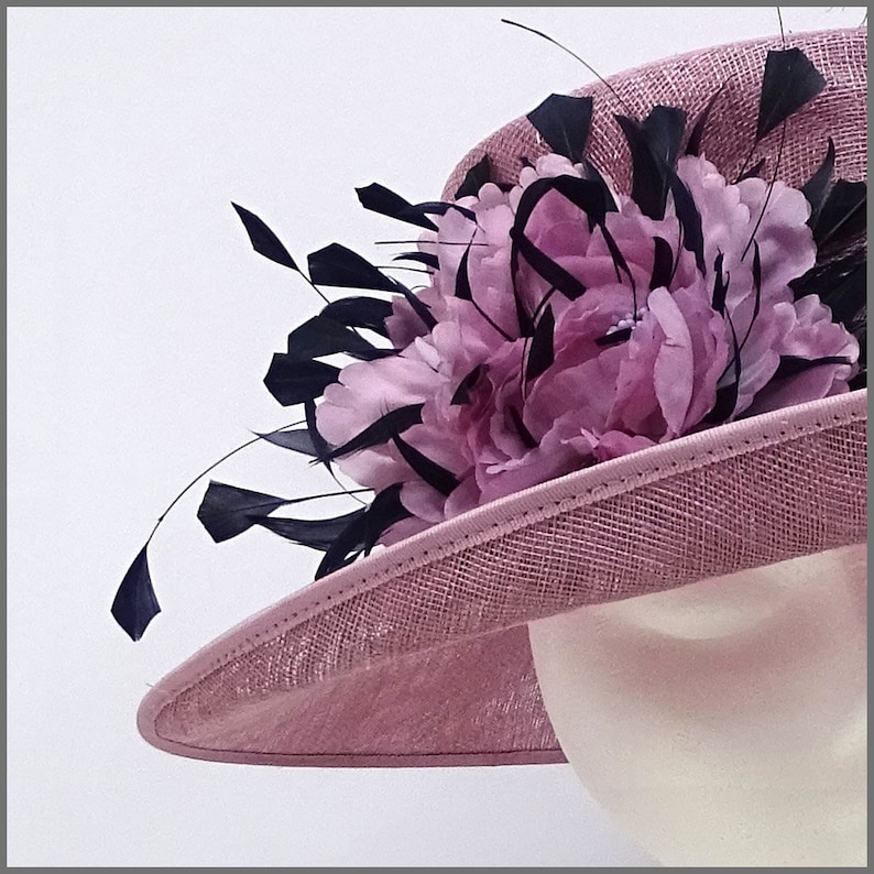 race day Derby Ascot or formal event. Floral heather pink ladies hat for wedding
