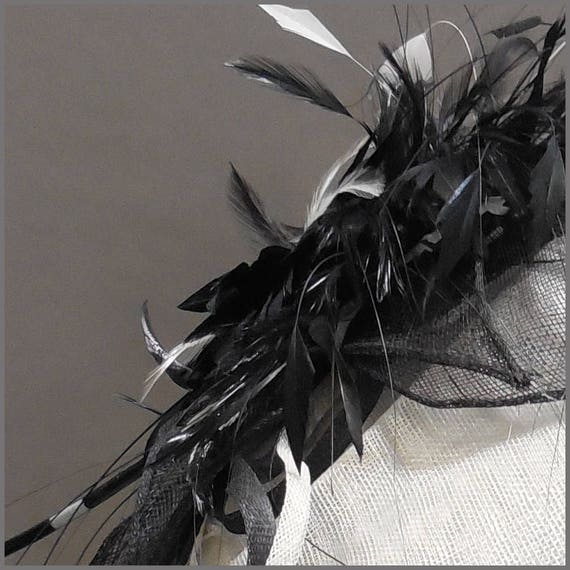 JacquiValeDesigns Black and White Hat, Large Oval Disc Fascinator, Ladies Day, Wedding hatinator, Mother of The Bride, Feather Hat, Special Occasion, Bespoke