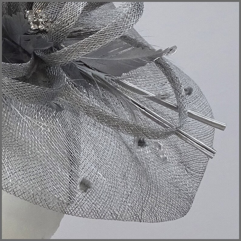 Structured Disc Fascinator Formal Metallic Silver Disc Fascinator With Feathers for Wedding Guest ...
