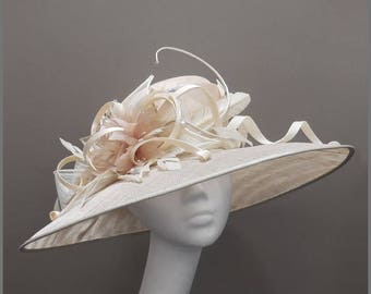 Mother of the bride, ivory and oyster medium brim hat, wedding hat, feather flower, floral headpiece, race day, Royal Ascot, garden party