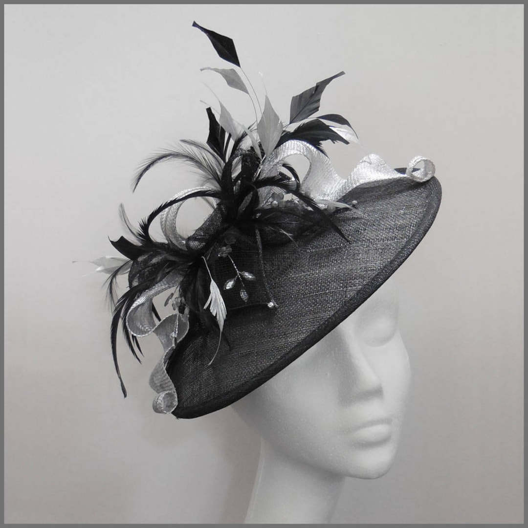 Black Disc Fascinator, Black and Silver Saucer Hat, Occasion Fascinator