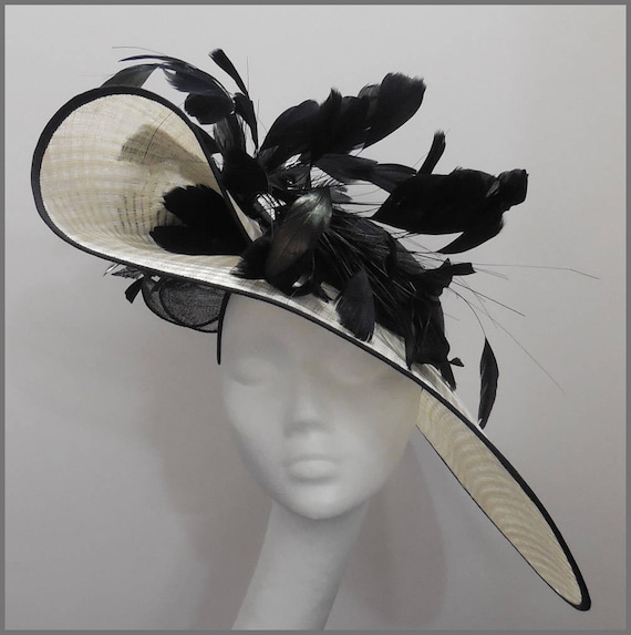 Garden Party Large Ivory and Black Hatinator Decorated With Black Feather Plume Hat for Wedding Feather Fascinator Ladies Day Headpiece Etsy UK