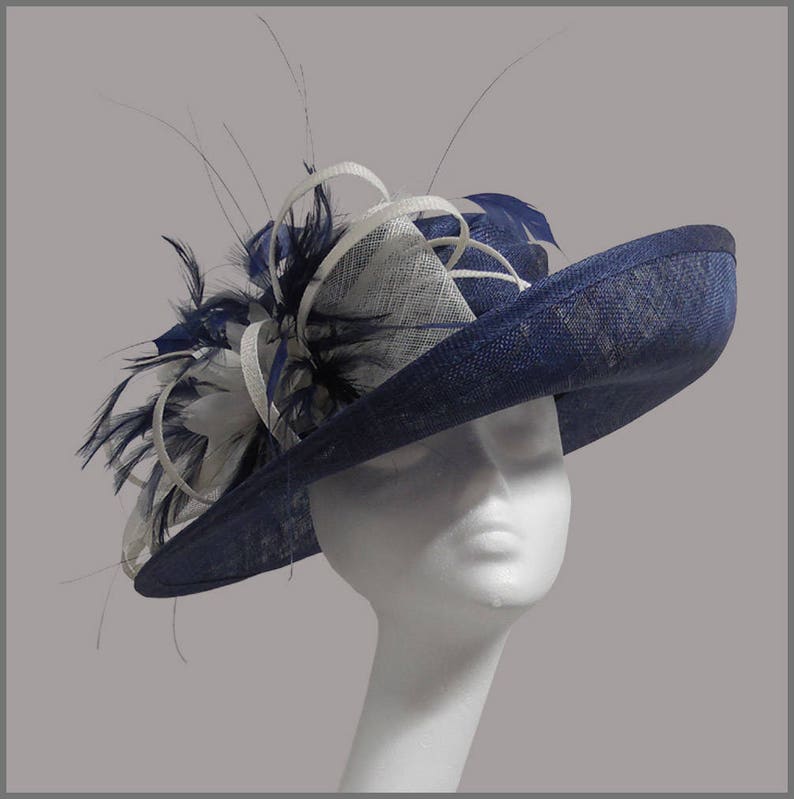 Beautiful navy & white medium ladies hat with feathers and sinamay. Weddings, races, ladies day or special occasion. image 1