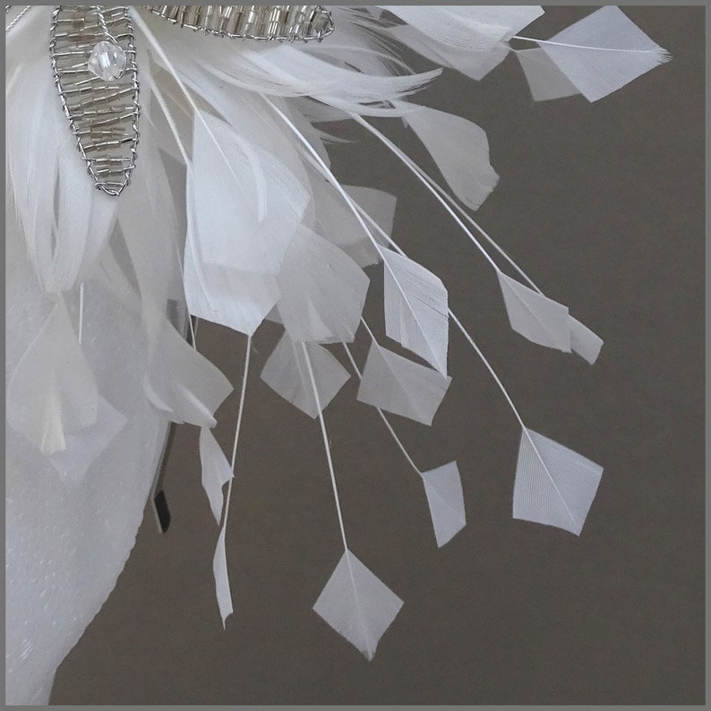 Floral fascinator with large spray of white feathers perfect for weddings, race days or formal occasions. image 4