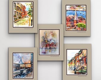 Pack of 5 Bestsellers - Boston Cityscape vertical prints - Beacon Hill, North End, Boston Waterfront, South End, Zakim Bridge. home decor..