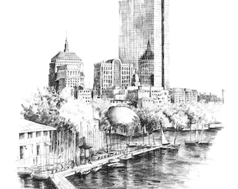 Boston Back Bay Pencil Art Print: Hand-Drawn Cityscape (Digital File)