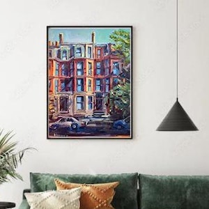 ボストン港の水彩画：海岸沿いの街並みと帆船（デジタルダウンロード