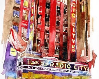 New York Radio City- Matted Art Print - Watercolor on paper- Great gift idea for christmas, Mom, dad brother sister, girlfriend, wall decor.
