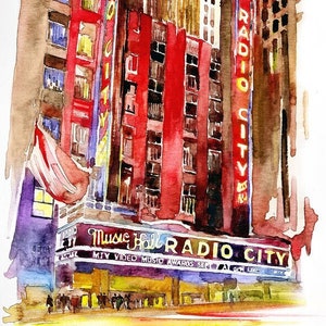 New York Radio City- Matted Art Print - Watercolor on paper- Great gift idea for christmas, Mom, dad brother sister, girlfriend, wall decor.