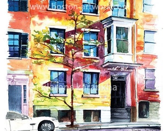 Boston Brick Building - Watervolor Artwork of Beacon Hill brownstones in spring. A great gift idea for teacher mom family or Interior wall.